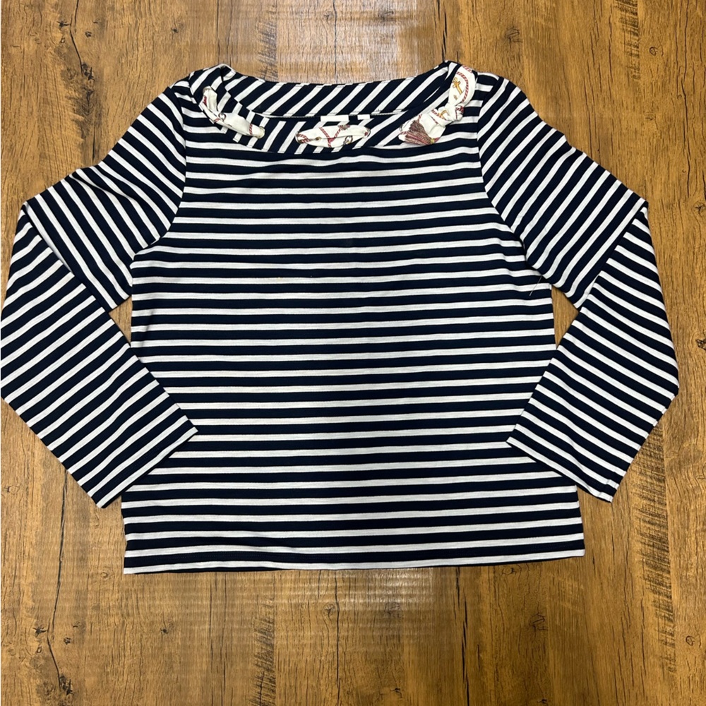 Rafaella Navy and White Striped Long Sleeve Top with scarf neck detail